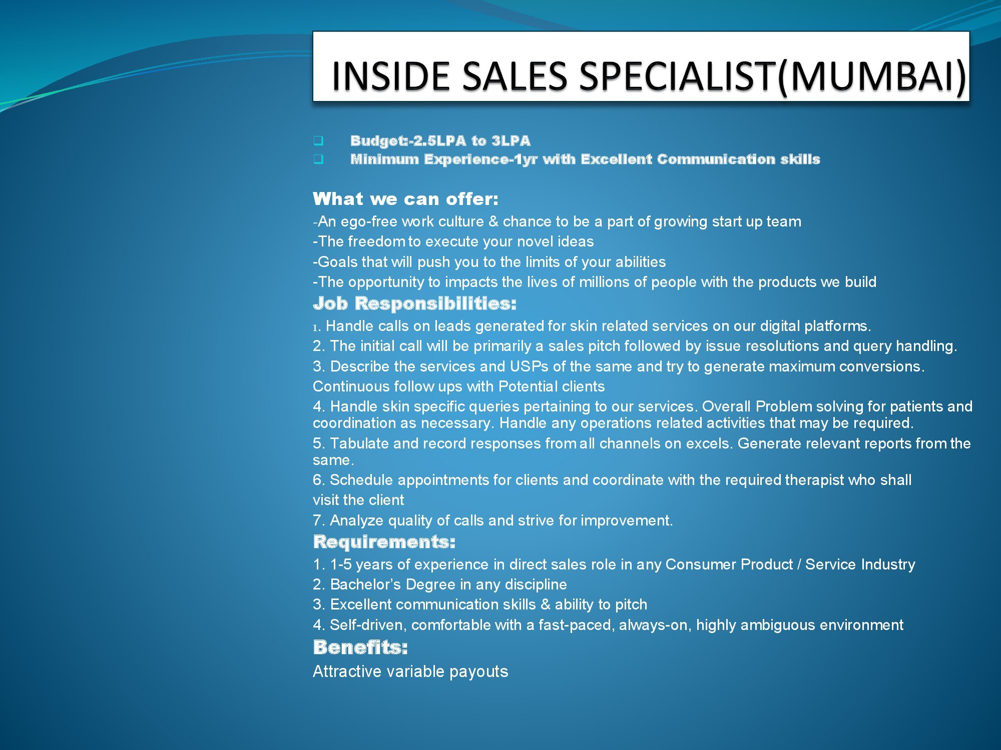 HIRING FOR INSIDE SALES SPECIALIST