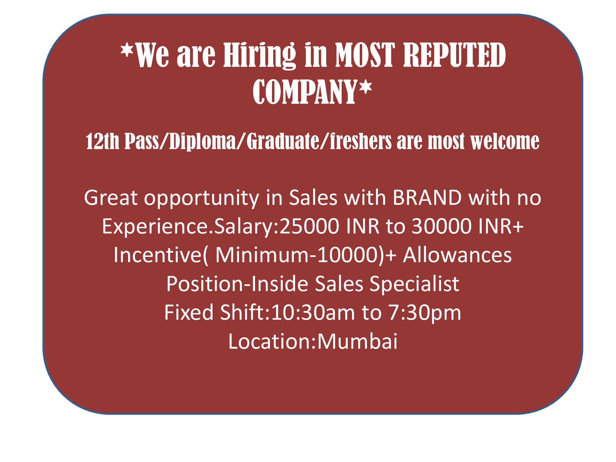HIRING FOR SALES SPECIALIST
