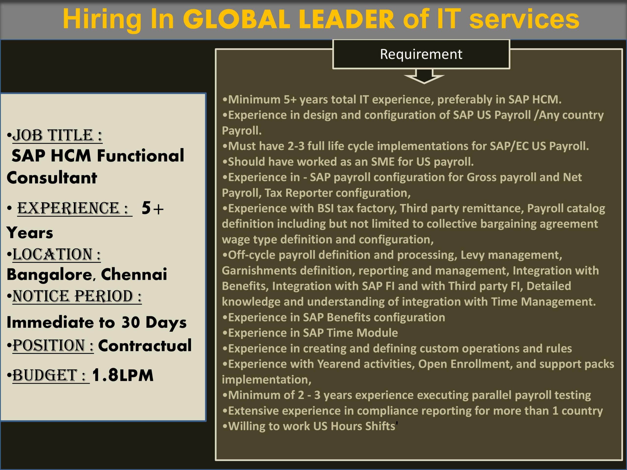 Urgent Hiring for SAP HCM Functional Consultant in Global Leader of IT Services