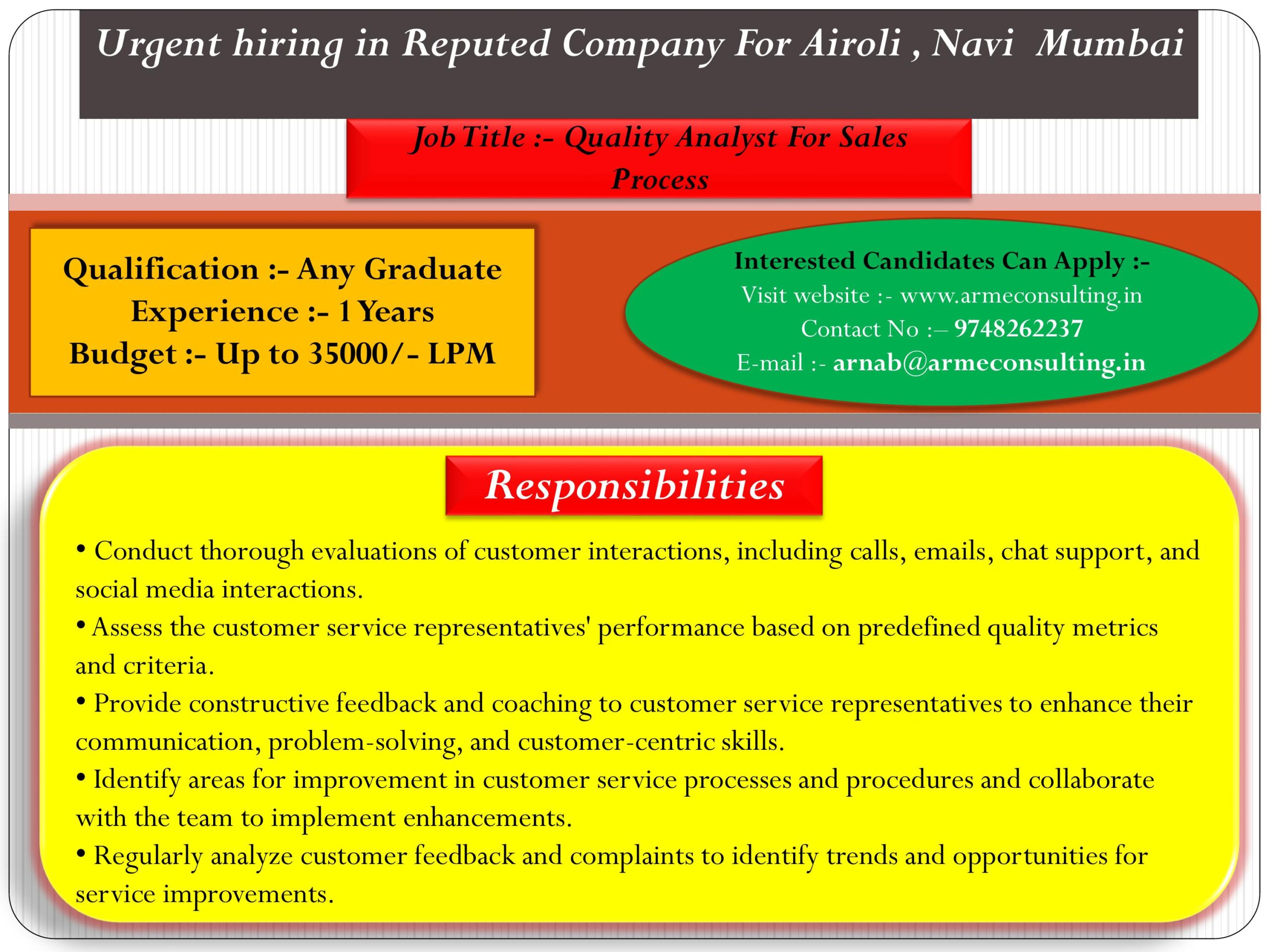 Urgent hiring in Reputed Company in Airoli , Navi Mumbai
