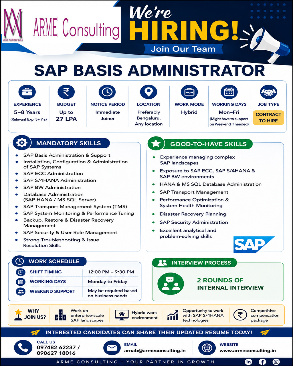 URGENT REQUIREMENT FOR BANGALORE LOCATION